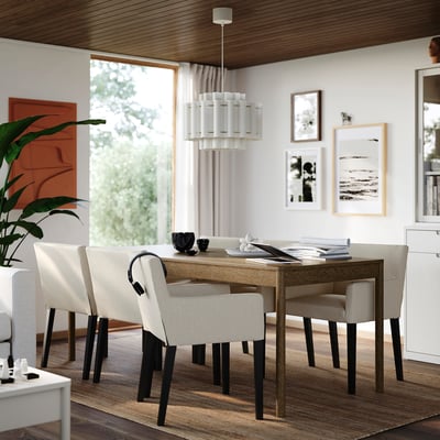 TONSTAD / MÅRENÄS Meja dan 6 kerusi, coklat venir kayu oak/Kuning air Gunnared hitam, 200x85 cm