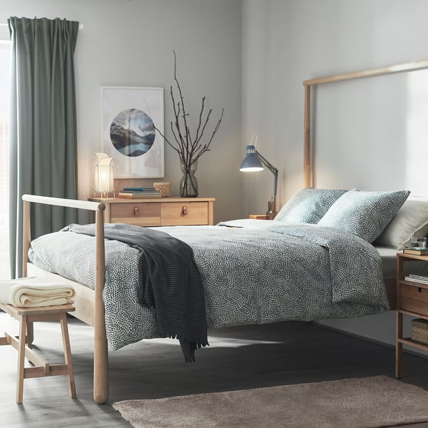 TRÄDKRASSULA Sarung duvet dan sarung bantal, putih/biru, 150x200/50x80 cm