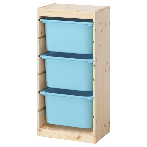 TROFAST Kombinasi penyimpan dengan kotak, kayu pain berwarna putih lembut/biru muda, 44x30x91 cm