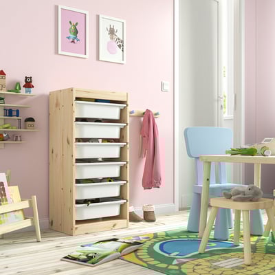 TROFAST Kombinasi penyimpan dengan kotak, kayu pain berwarna putih lembut/putih, 44x30x91 cm