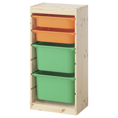 TROFAST Kombinasi penyimpan dgn kotak, kayu pain berwarna putih lembut/jingga muda hijau terang, 44x30x91 cm