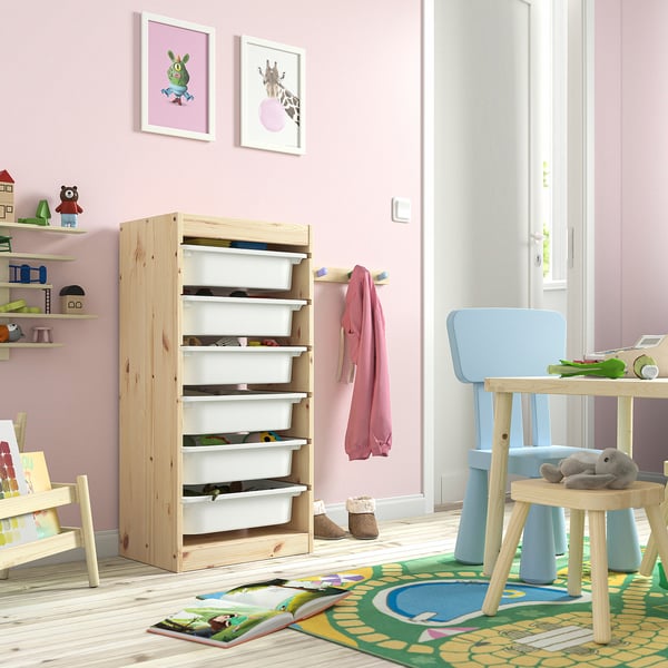TROFAST Kombinasi penyimpan dgn kotak, kayu pain berwarna putih lembut/putih, 44x30x91 cm