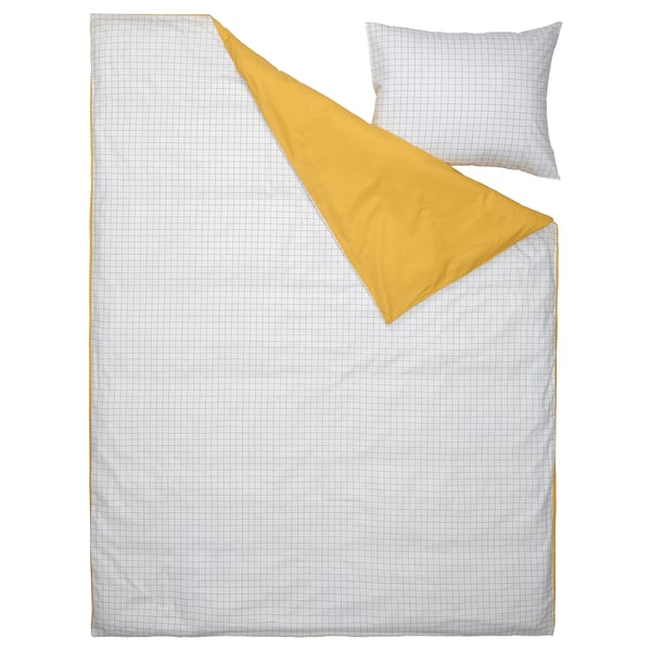VÄNKRETS Sarung duvet dan sarung bantal, corak berpetak putih/kuning, 150x200/50x80 cm