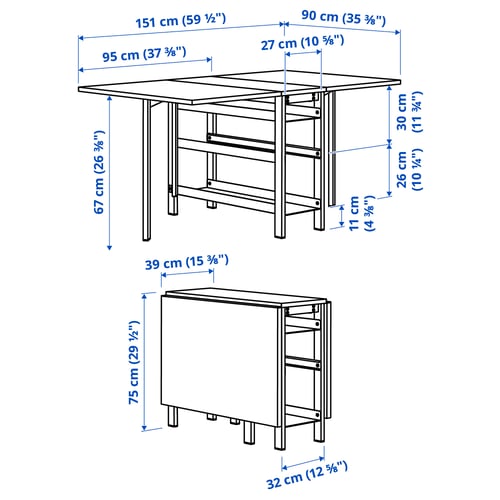 VIHALS Meja kaki lipat, putih, 39/95/151x90 cm