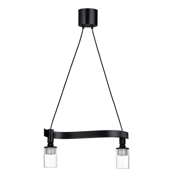 A black, wave-shaped pendant lamp with two frosted glass bulbs hanging from it.