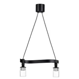 A black, wave-shaped pendant lamp with two frosted glass bulbs hanging from it.