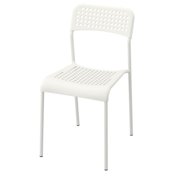 A white ADDE chair, a stackable plastic chair with a flexible back, designed for easy storage and additional seating.