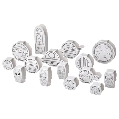 Black and white space-themed paper crafts including planets, spaceships, and astronauts waiting to be colored and assembled.