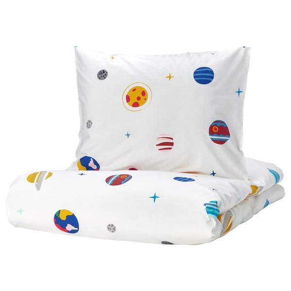 A white AFTONSPARV duvet cover and pillowcase with colorful planets and stars, made of cotton and viscose.