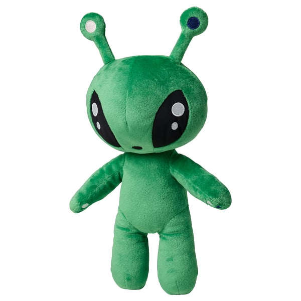 Green alien plush toy with big eyes, antennae, soft fabric body, and friendly face.