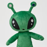 Soft, plush alien toy with large black eyes, two antennae, and a friendly gaze. Made from recycled polyester, perfect for childrens hugs.