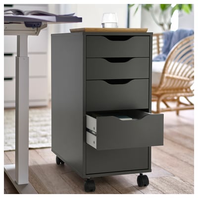 Gray mobile ALEX filing cabinet with wooden top and castors under one drawer.