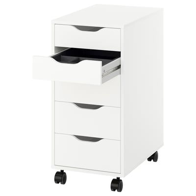 White ALEX filing cabinet, 4 drawers, black wheels.