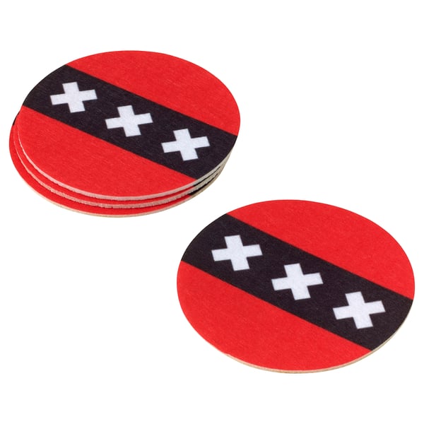 Red circular coasters with black diagonal line and white crosses, made from recycled polyester.