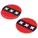Red circular coasters with black diagonal line and white crosses, made from recycled polyester.