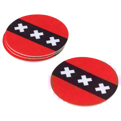 Red circular coasters with black diagonal line and white crosses, made from recycled polyester.