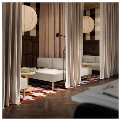 Beige ÄNGSFRYLE sheer curtain with gathered top, made from recycled polyester, allowing light & privacy.