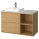 Option: Modern oak bathroom vanity with open and closed storage, light gray countertop, white sink, chrome faucet, wall-mounted.