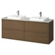 Modern dual wood sink cabinet, dark brown, rectangle, minimalist design, two white sinks.