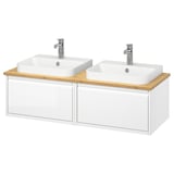 Double white bathroom vanity, wood top, rectangular sinks, chrome faucets. Modern minimalist design.