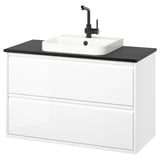 Modern white bathroom vanity with sleek black countertop and square basin, wall-mounted with minimalist design.