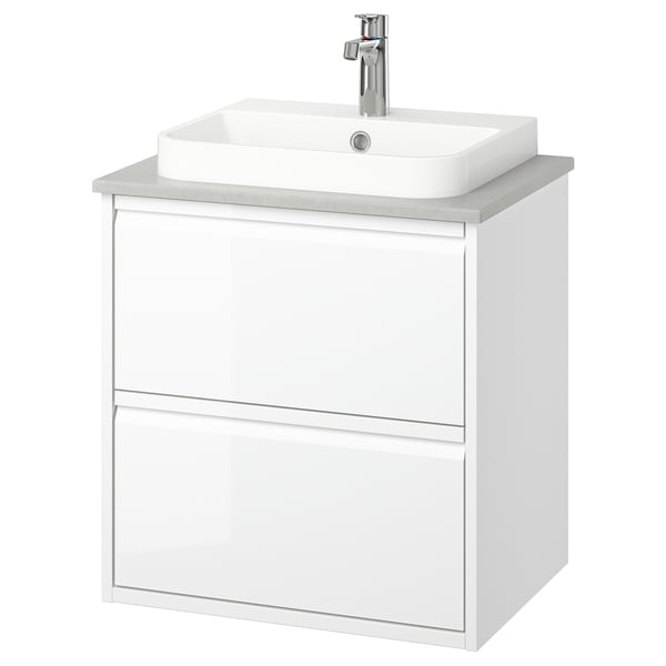 The ÄNGSJÖN vanity in white with sleek handles, a rectangular basin, and modern, minimalist design.
