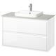 Modern white washstand with sleek design, semi-recessed basin, minimal handles, wall-mountable.