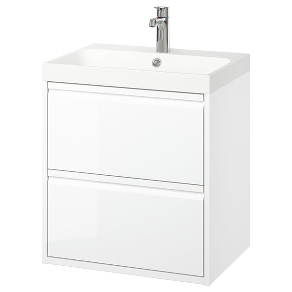 ÄNGSJÖN white wall-mounted bathroom vanity with 2 drawers, modern design.