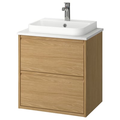 Modern oak bathroom cabinet with white marble countertop and basin, wall-mounted.