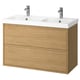 Option: Modern dual oak-wood vanity with white ceramic sinks and chrome faucets, wall-mounted.