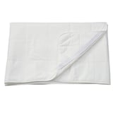 A white ÄNGSKORN mattress protector with quilted design, made of lyocell and cotton, rectangular shape with elastic straps.