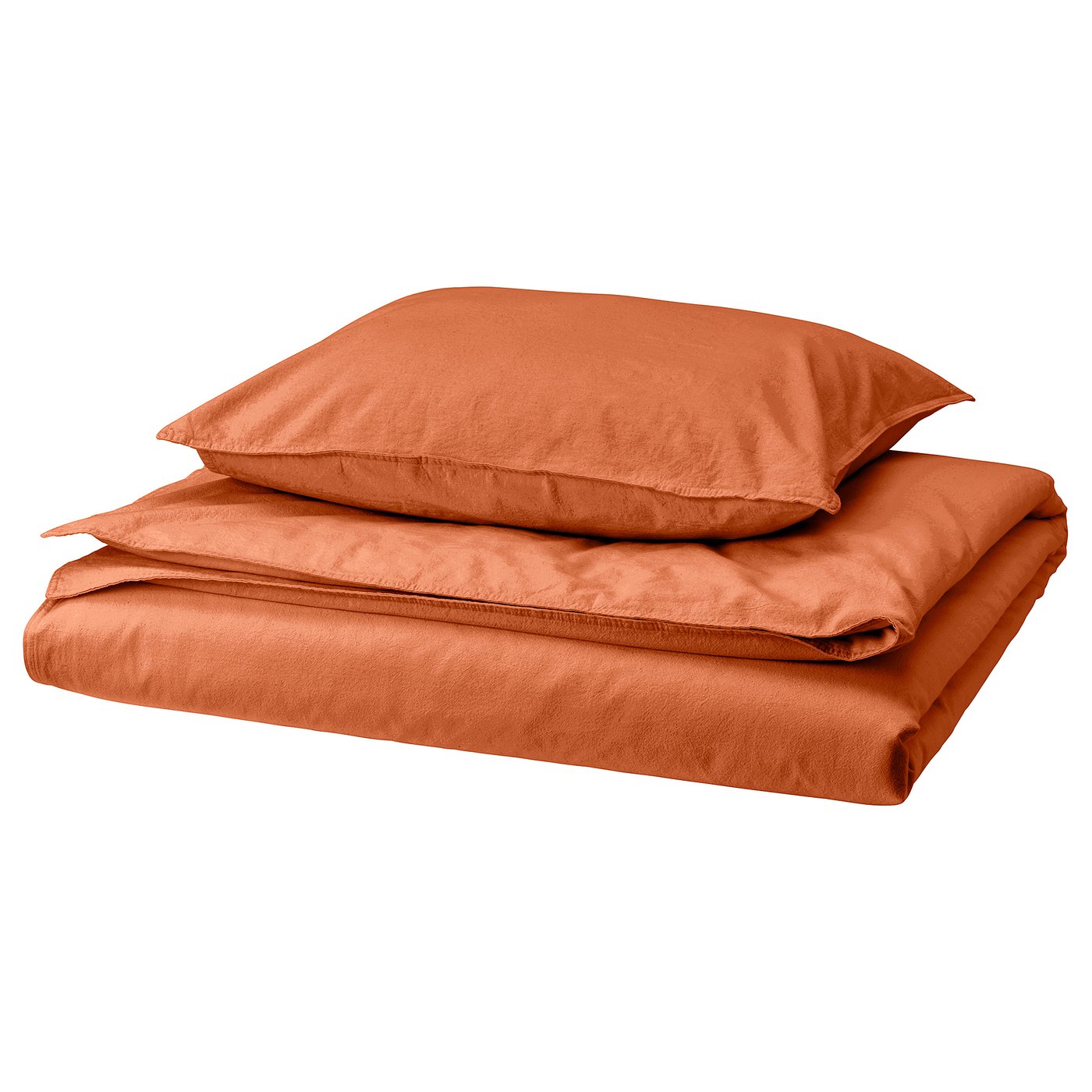 An ÄNGSLILJA orange duvet cover set, featuring a soft, breathable cotton blend in a folded and stacked arrangement.