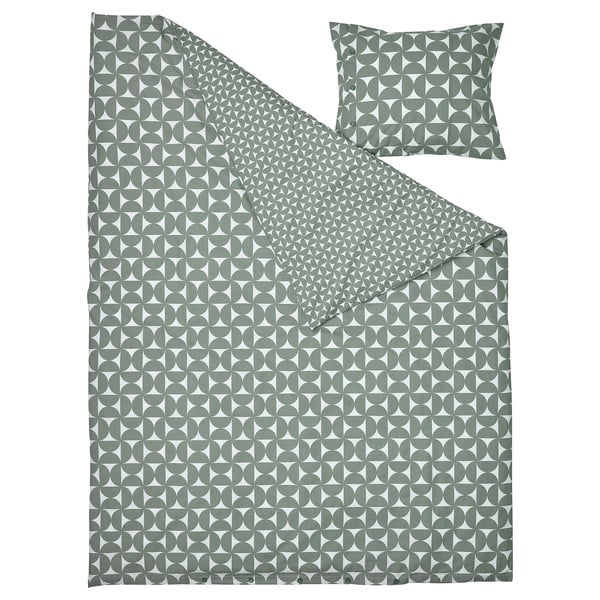 Gray/green bedding set with circular geometric pattern, including duvet and pillow, made of 80% cotton, 20% viscose, with crisp, soft feel.
