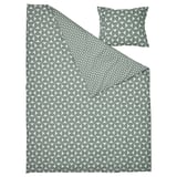 Gray/green bedding set with circular geometric pattern, including duvet and pillow, made of 80% cotton, 20% viscose, with crisp, soft feel.