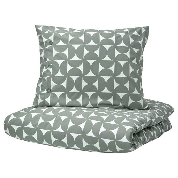 ÄNGSNEJLIKA bedding set, grey-green, circular patterns, cotton & viscose, includes duvet & pillow cover.