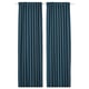 Two dark blue curtains hang side by side with vertical lines and pleated heading tape for privacy and light blocking.