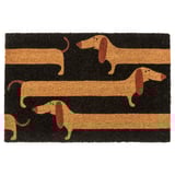 Is of a rectangular, black and tan doormat featuring a playful pattern of brown dachshunds on a striped background, made from coir fiber and jute.