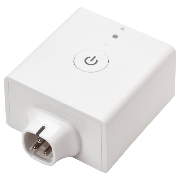A white ÅSKVÄDER smart plug with a power button on top.