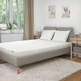 Modern minimalist bedroom with white mattress, gray bed frame, wooden floors, rug, nightstand, lamp, two wall pictures, neat bed, large window.