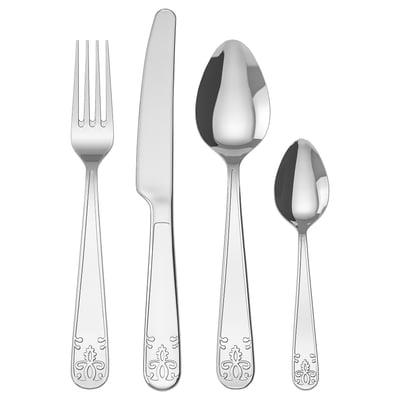 Four-piece silver stainless steel cutlery set, including fork, knife, and spoons, with a floral pattern on handles.