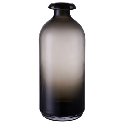 ÅTGÅNG, tall dark glass vase, round shape, mouth blown, minimalist design.
