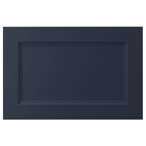 A dark blue rectangular kitchen cabinet door with an inset panel and smooth lines.