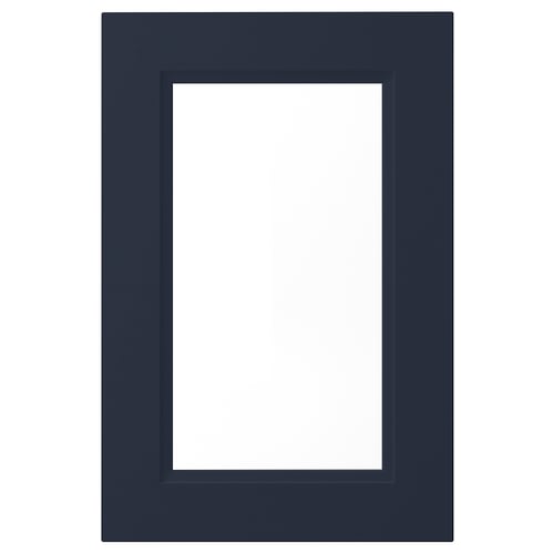 AXSTAD blue kitchen cabinet door, square shape, matt finish with inset glass panel.