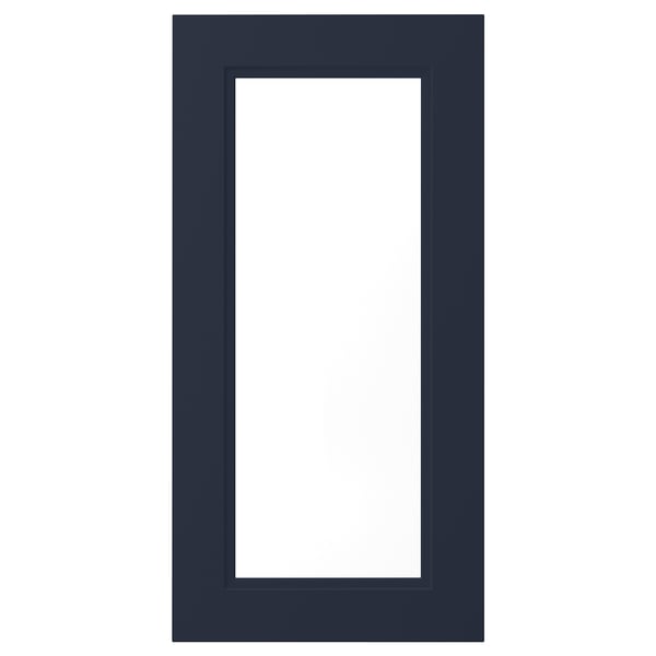 AXSTAD door, matte blue with glass inset, modern and traditional design.
