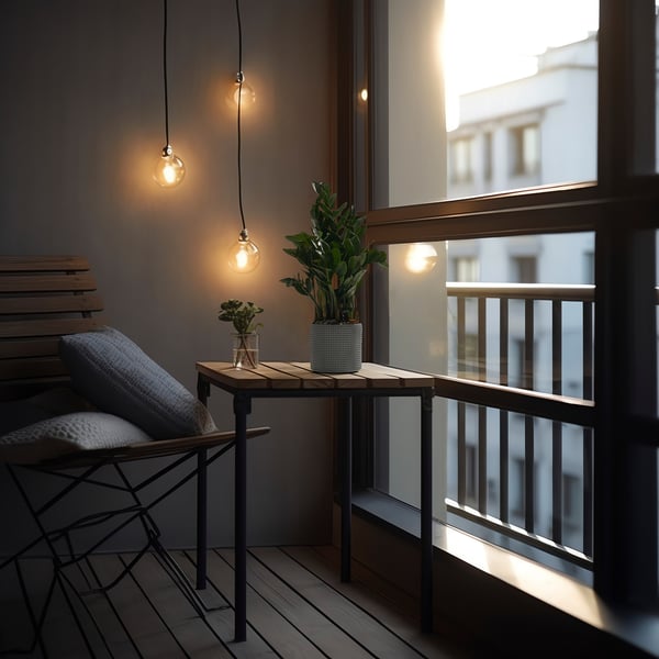 Cozy balcony with hanging lights, modern table, chair, and potted plants, offering relaxation and greenery.