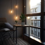 Cozy balcony with hanging lights, modern table, chair, and potted plants, offering relaxation and greenery.