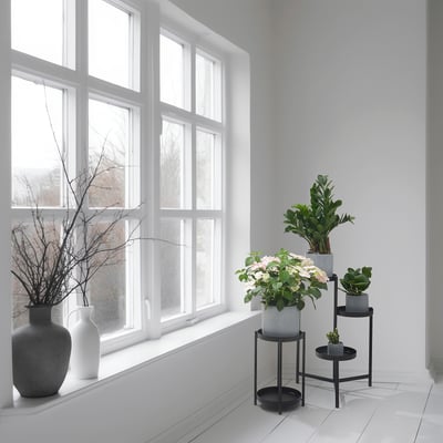 Bright room, plant stand with 3 potted plants, 2 vases with flowers on windowsill.