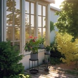 Modern patio with large windows, two black BÄCKDRÅG plant pots enhancing green foliage.