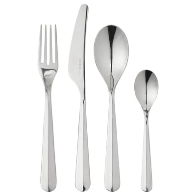 Four-piece BÄCKÖRING flatware set, silver stainless steel, including fork, knife, soup spoon, and teaspoon, with sleek handles.