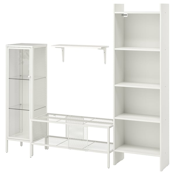 A white BAGGEBO storage set with a bookcase, display cabinet, tv bench, and wall shelf, combining mesh, glass, and wood materials.